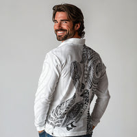Aotearoa Moko Tribal Tattoo Long Sleeve Polo Shirt New Zealand Maori Penguin and Fantail White Color