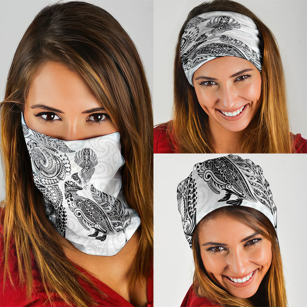 Aotearoa Moko Tribal Tattoo Neck Gaiter New Zealand Maori Penguin and Fantail White Color