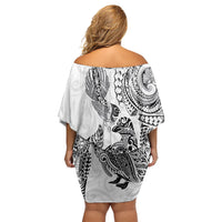 Aotearoa Moko Tribal Tattoo Off Shoulder Short Dress New Zealand Maori Penguin and Fantail White Color