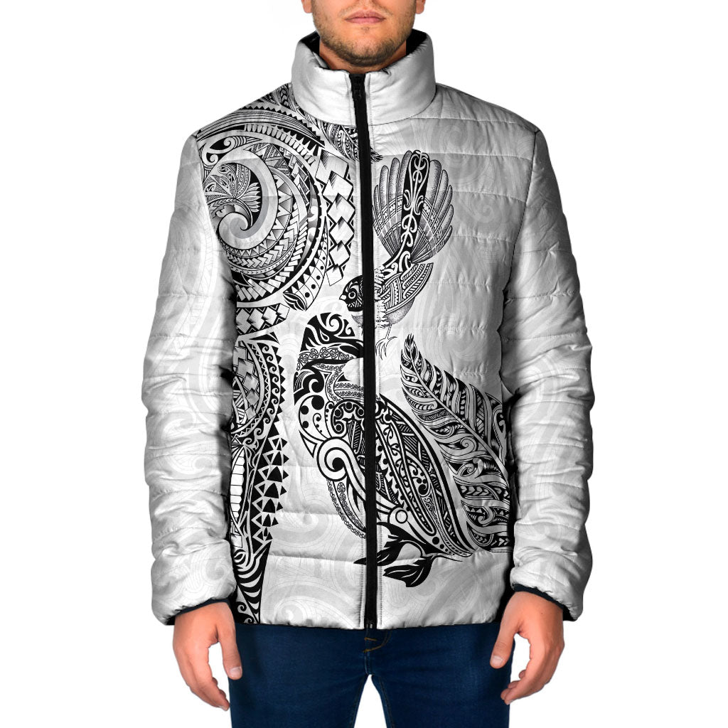 Aotearoa Moko Tribal Tattoo Padded Jacket New Zealand Maori Penguin and Fantail White Color LT03 Men White - Polynesian Pride