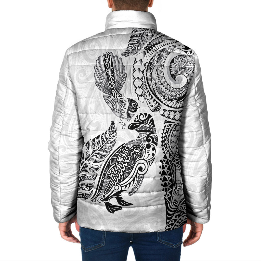 Aotearoa Moko Tribal Tattoo Padded Jacket New Zealand Maori Penguin and Fantail White Color