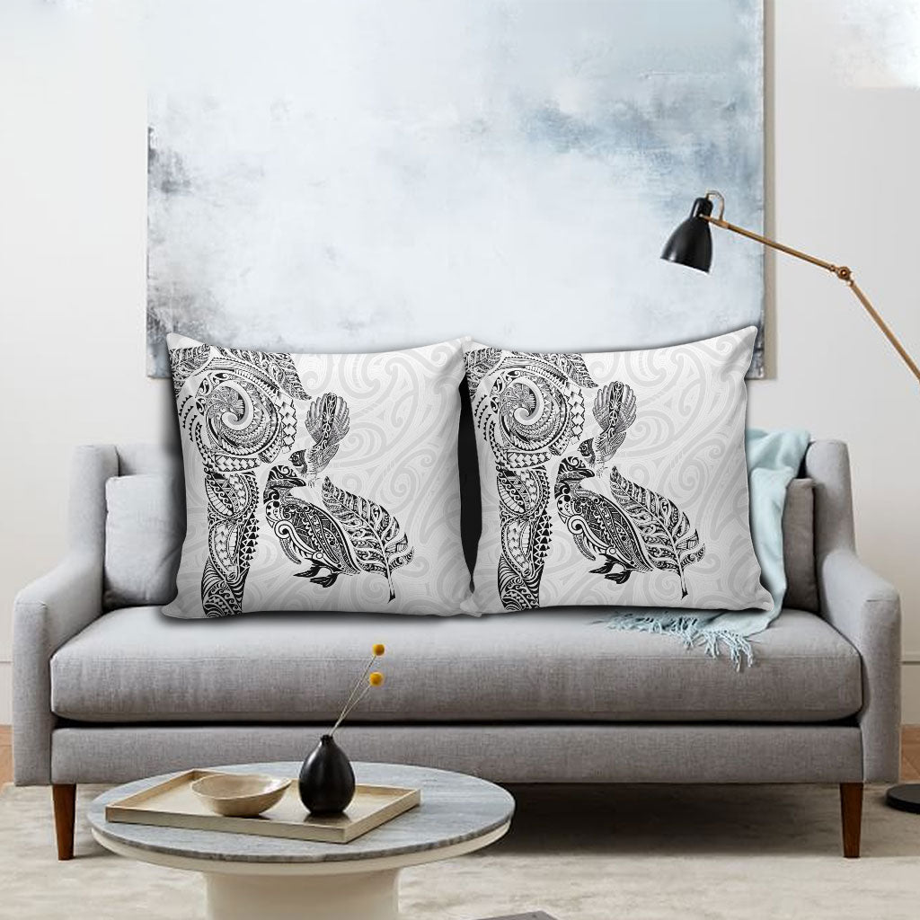 Aotearoa Moko Tribal Tattoo Pillow Cover New Zealand Maori Penguin and Fantail White Color