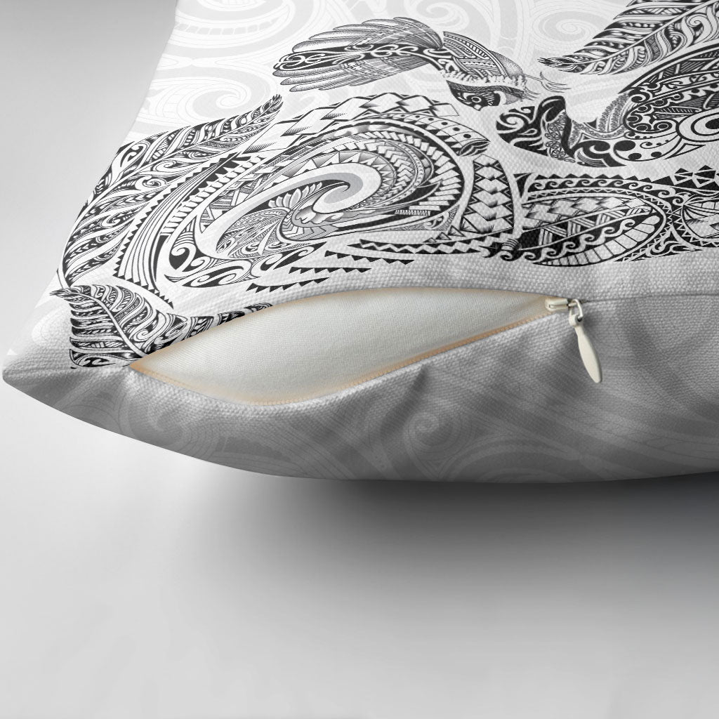 Aotearoa Moko Tribal Tattoo Pillow Cover New Zealand Maori Penguin and Fantail White Color
