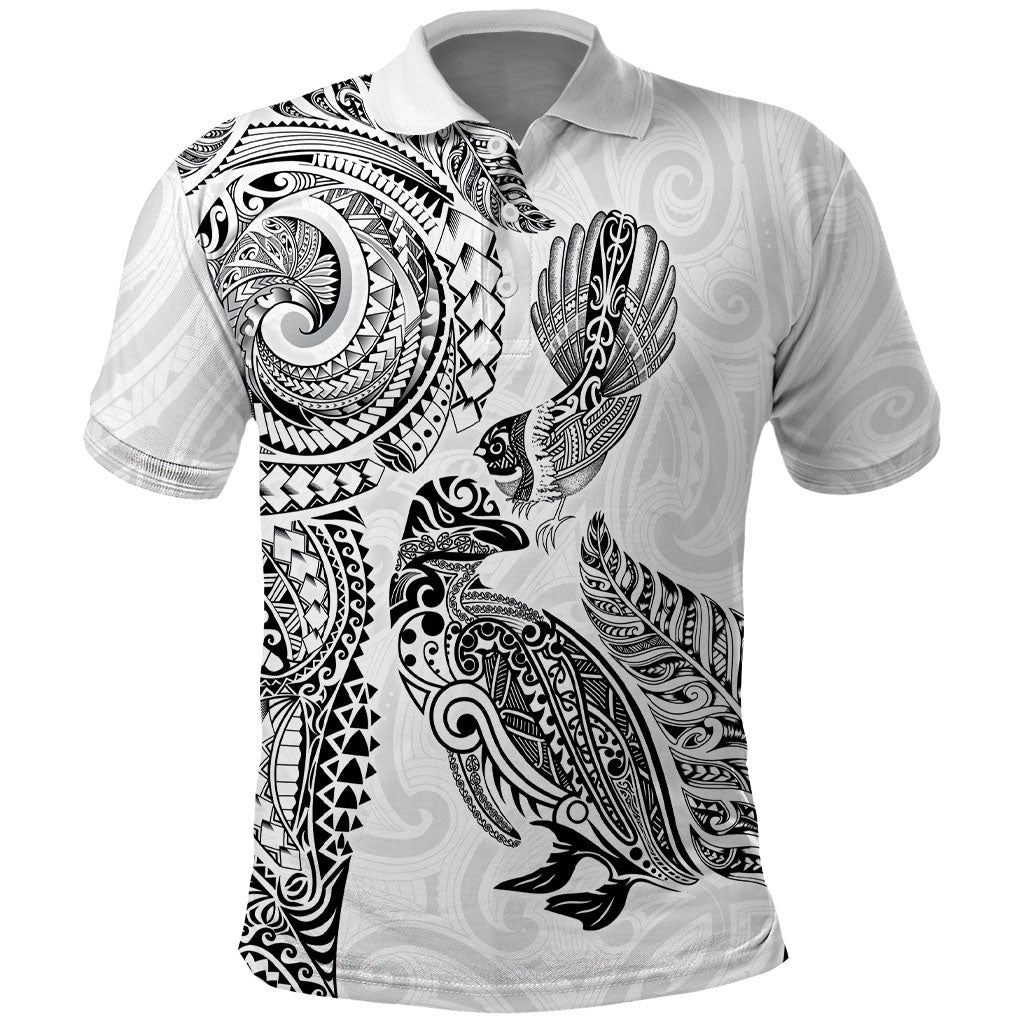 Aotearoa Moko Tribal Tattoo Polo Shirt New Zealand Maori Penguin and Fantail White Color