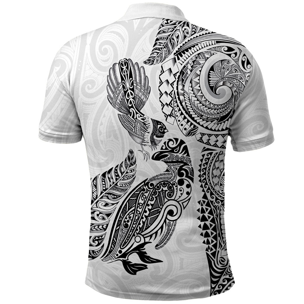 Aotearoa Moko Tribal Tattoo Polo Shirt New Zealand Maori Penguin and Fantail White Color