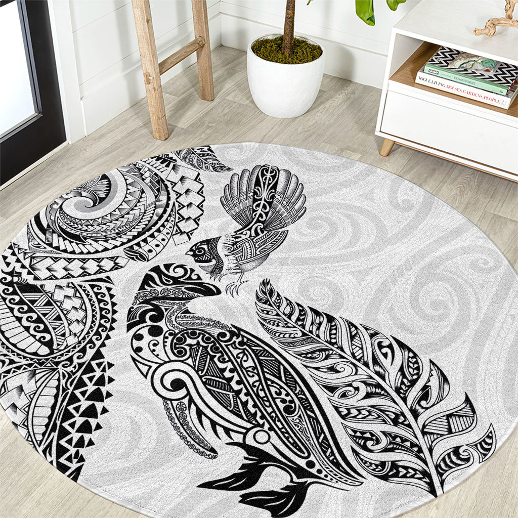 Aotearoa Moko Tribal Tattoo Round Carpet New Zealand Maori Penguin and Fantail White Color LT03 White - Polynesian Pride