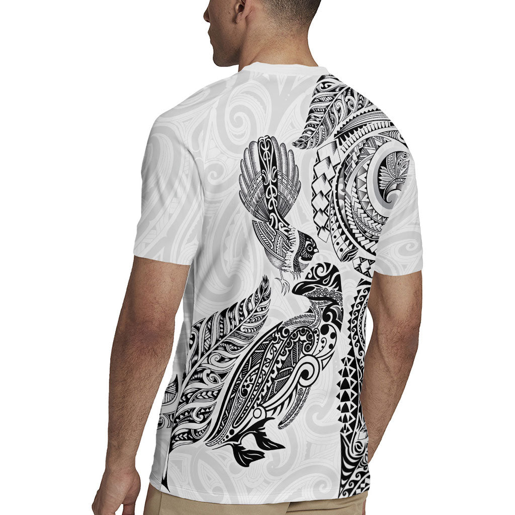 Aotearoa Moko Tribal Tattoo Rugby Jersey New Zealand Maori Penguin and Fantail White Color
