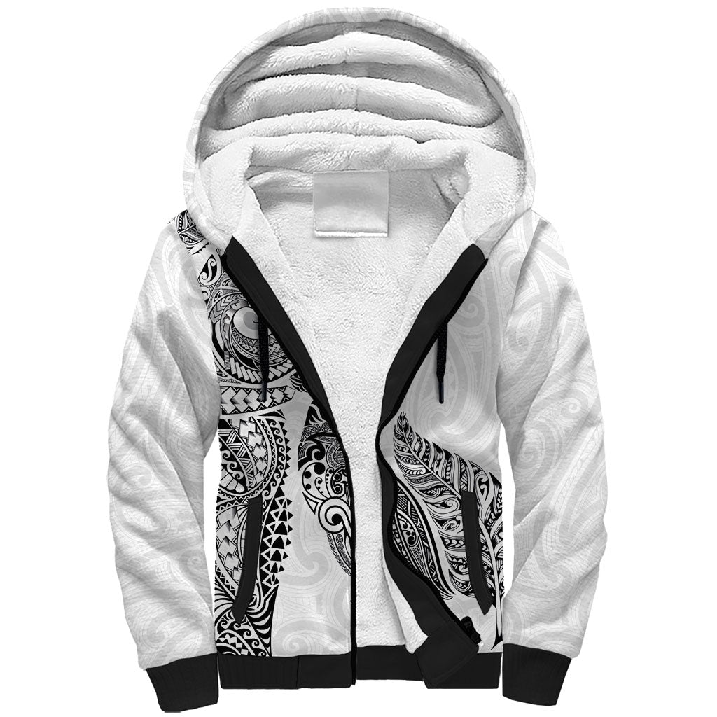 Aotearoa Moko Tribal Tattoo Sherpa Hoodie New Zealand Maori Penguin and Fantail White Color
