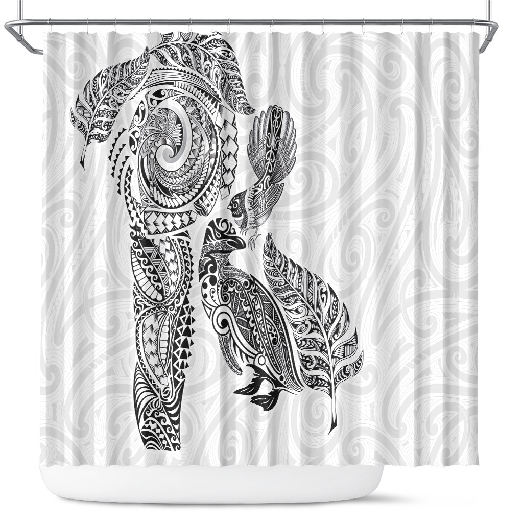 Aotearoa Moko Tribal Tattoo Shower Curtain New Zealand Maori Penguin and Fantail White Color LT03 White - Polynesian Pride