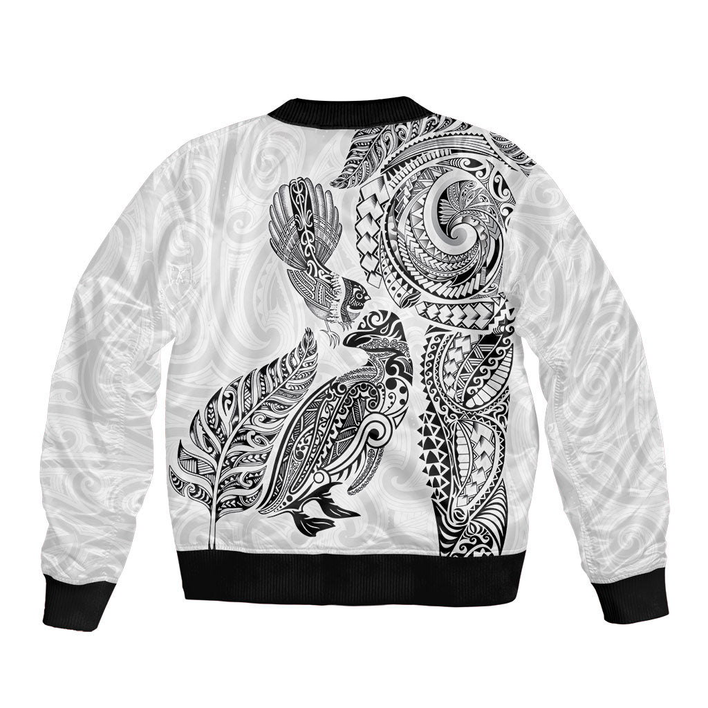 Aotearoa Moko Tribal Tattoo Sleeve Zip Bomber Jacket New Zealand Maori Penguin and Fantail White Color