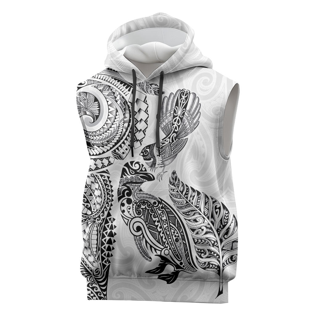 Aotearoa Moko Tribal Tattoo Sleeveless Hoodie New Zealand Maori Penguin and Fantail White Color