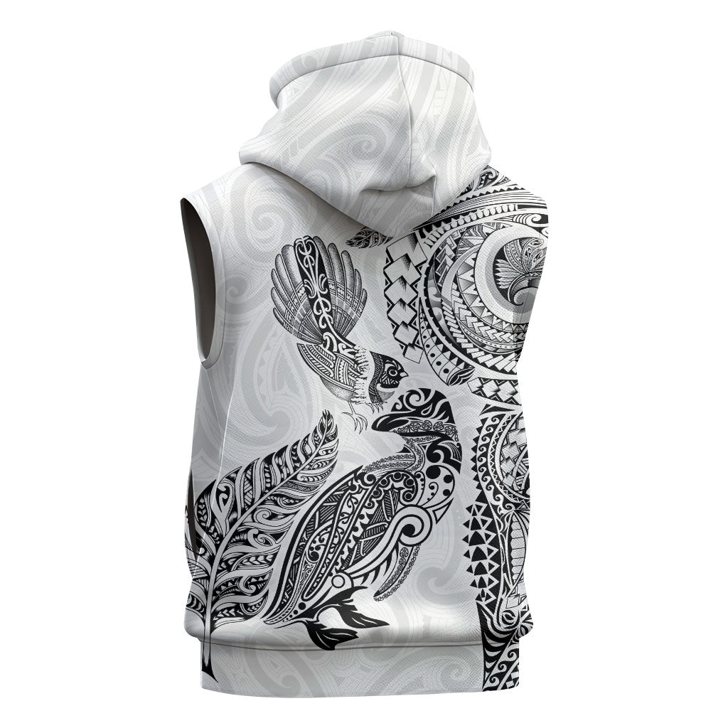 Aotearoa Moko Tribal Tattoo Sleeveless Hoodie New Zealand Maori Penguin and Fantail White Color
