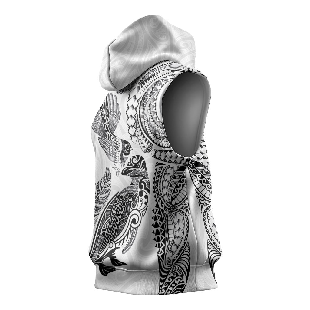 Aotearoa Moko Tribal Tattoo Sleeveless Hoodie New Zealand Maori Penguin and Fantail White Color