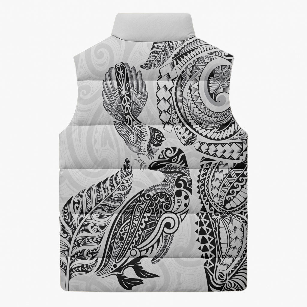 Aotearoa Moko Tribal Tattoo Sleeveless Puffer Jacket New Zealand Maori Penguin and Fantail White Color
