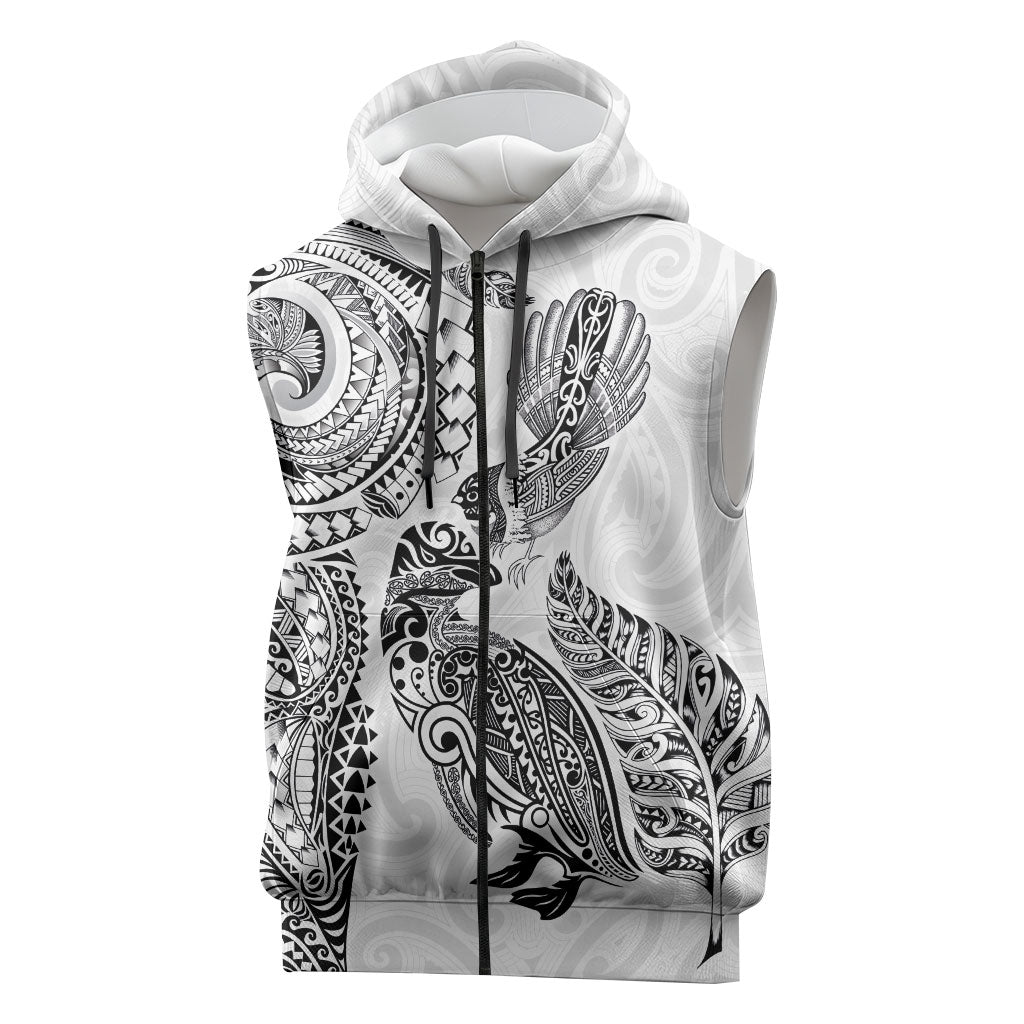 Aotearoa Moko Tribal Tattoo Sleeveless Zip Hoodie New Zealand Maori Penguin and Fantail White Color