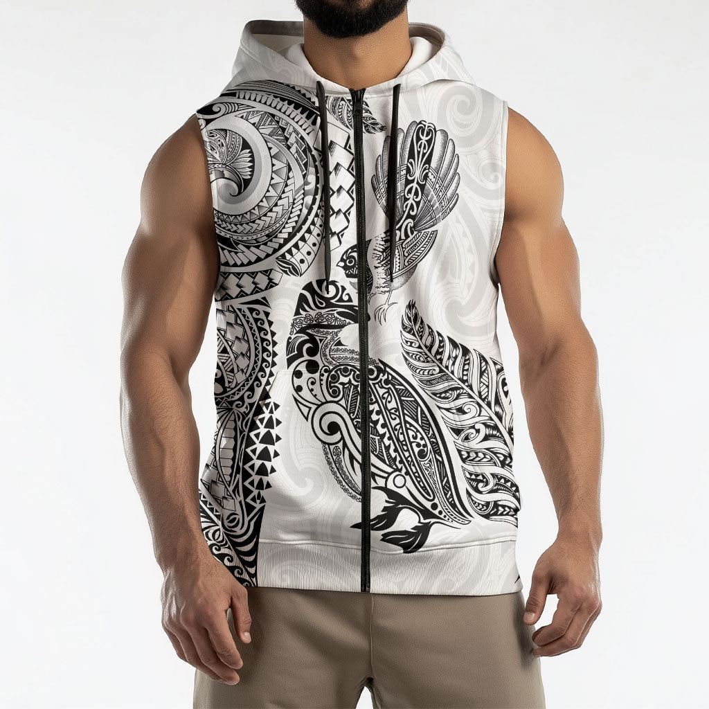 Aotearoa Moko Tribal Tattoo Sleeveless Zip Hoodie New Zealand Maori Penguin and Fantail White Color