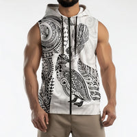 Aotearoa Moko Tribal Tattoo Sleeveless Zip Hoodie New Zealand Maori Penguin and Fantail White Color