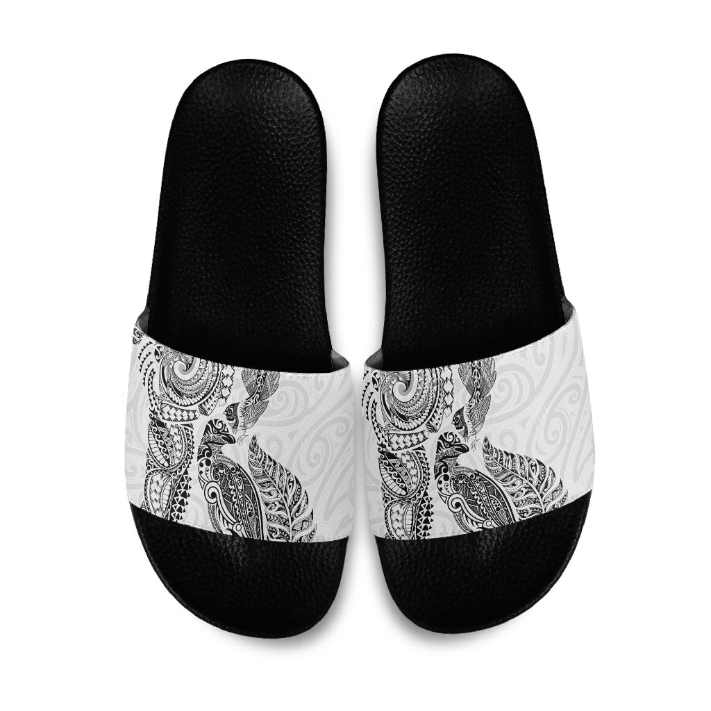Aotearoa Moko Tribal Tattoo Slide Sandals New Zealand Maori Penguin and Fantail White Color