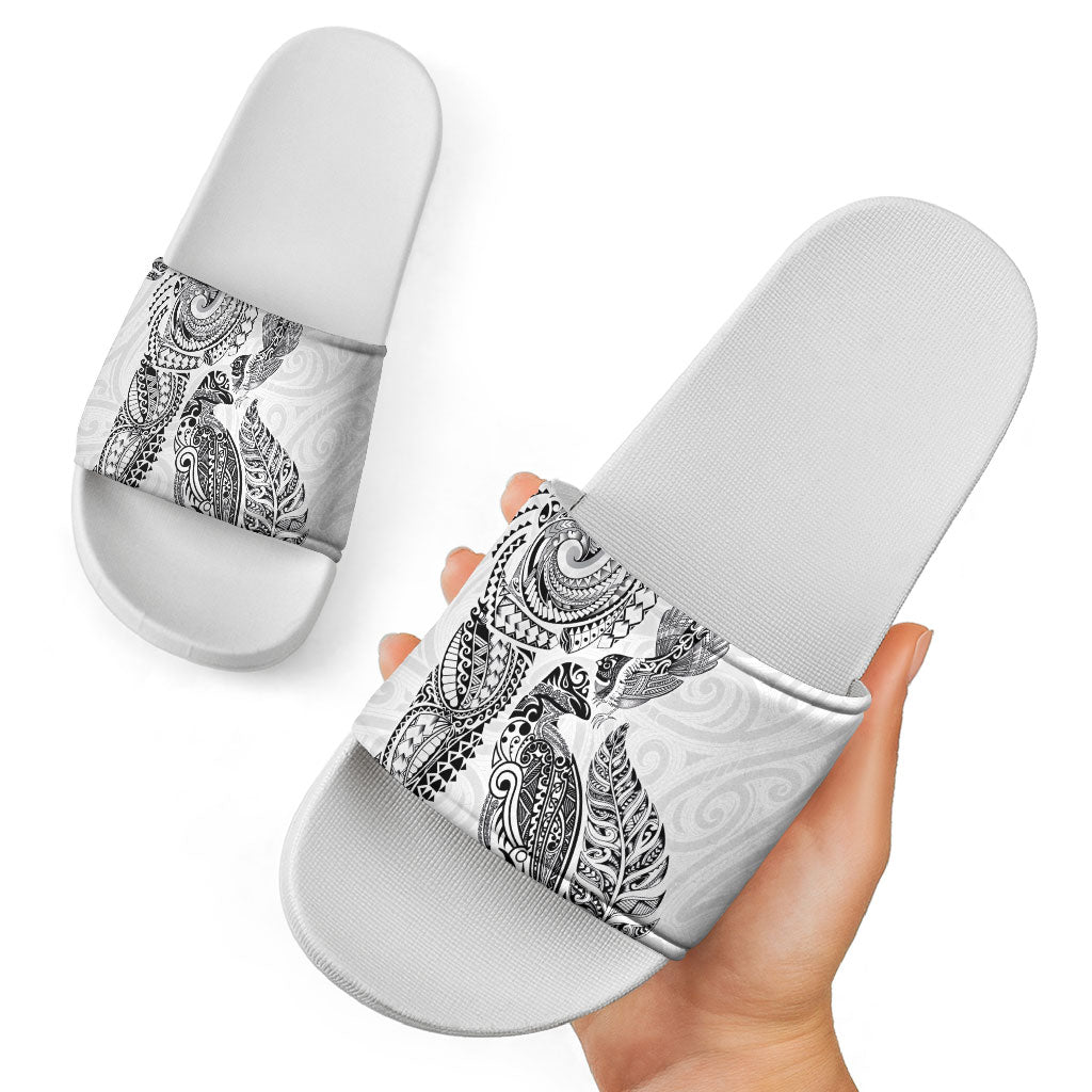 Aotearoa Moko Tribal Tattoo Slide Sandals New Zealand Maori Penguin and Fantail White Color