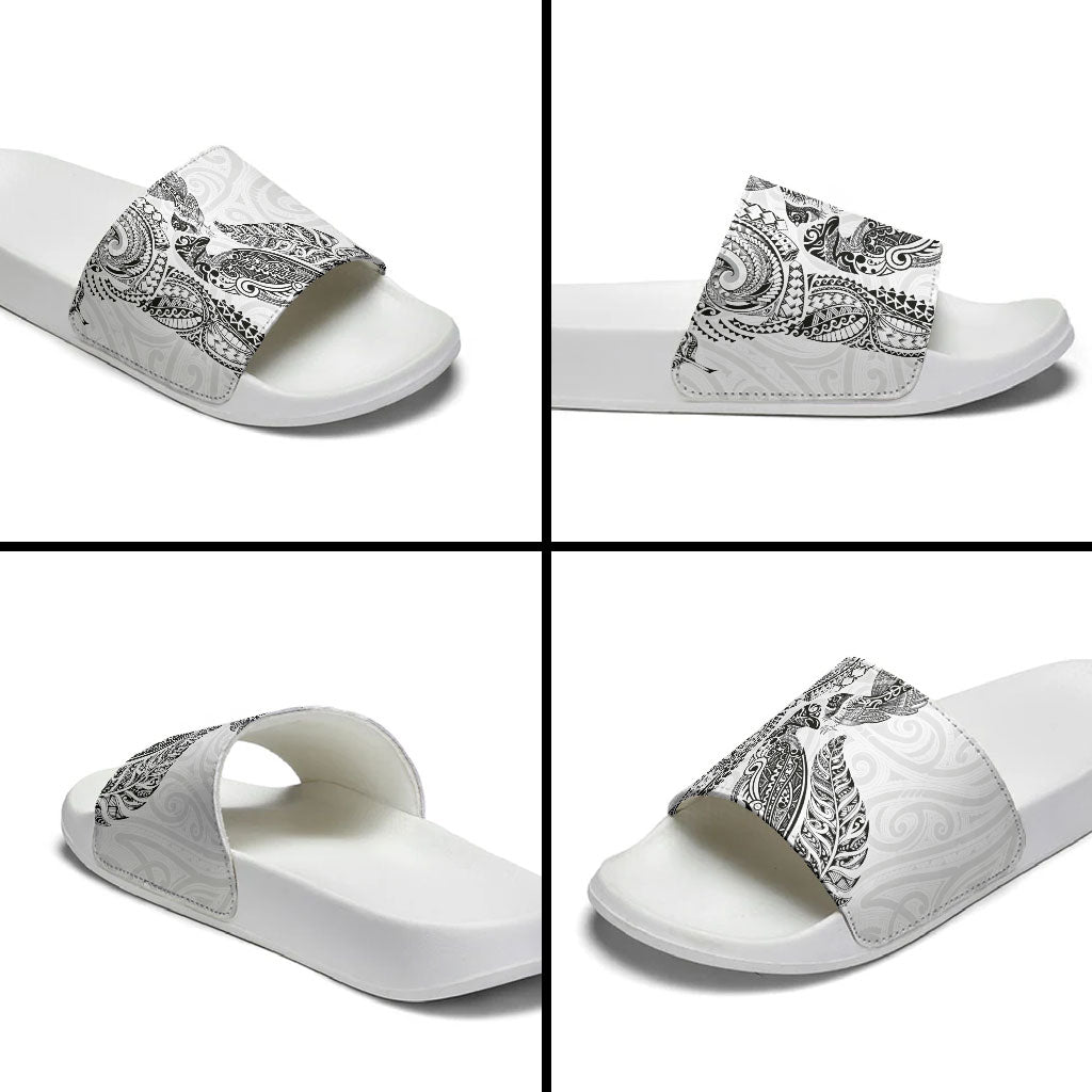 Aotearoa Moko Tribal Tattoo Slide Sandals New Zealand Maori Penguin and Fantail White Color
