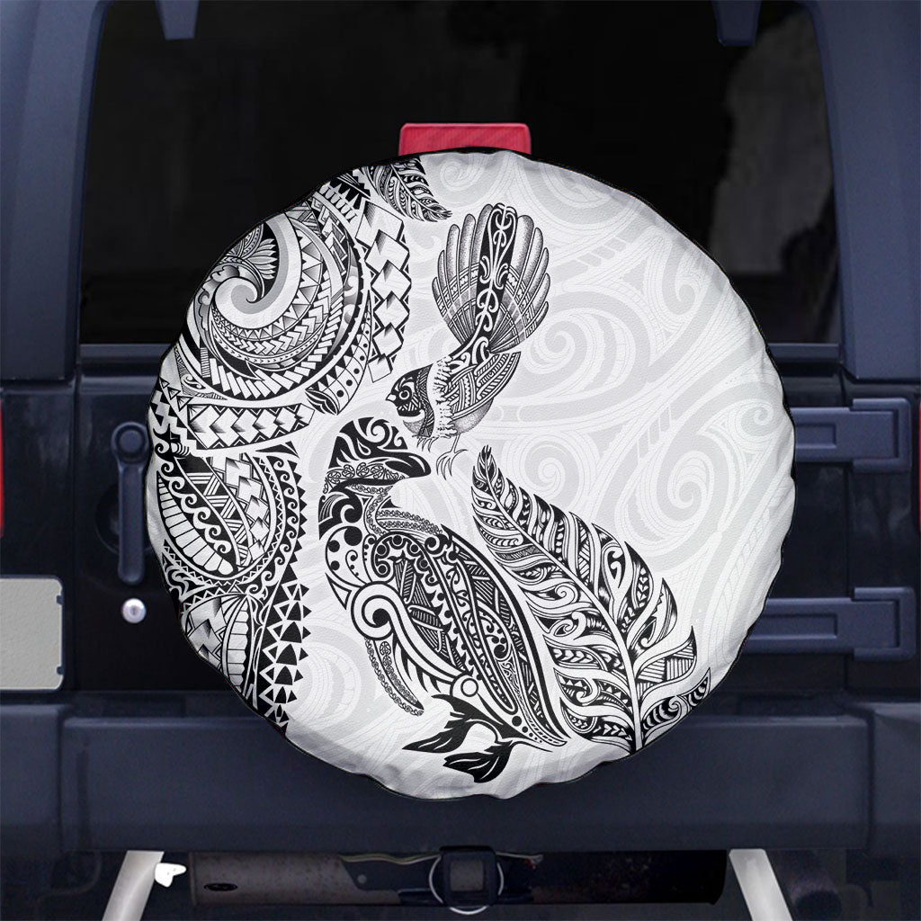 Aotearoa Moko Tribal Tattoo Spare Tire Cover New Zealand Maori Penguin and Fantail White Color LT03 No hole White - Polynesian Pride