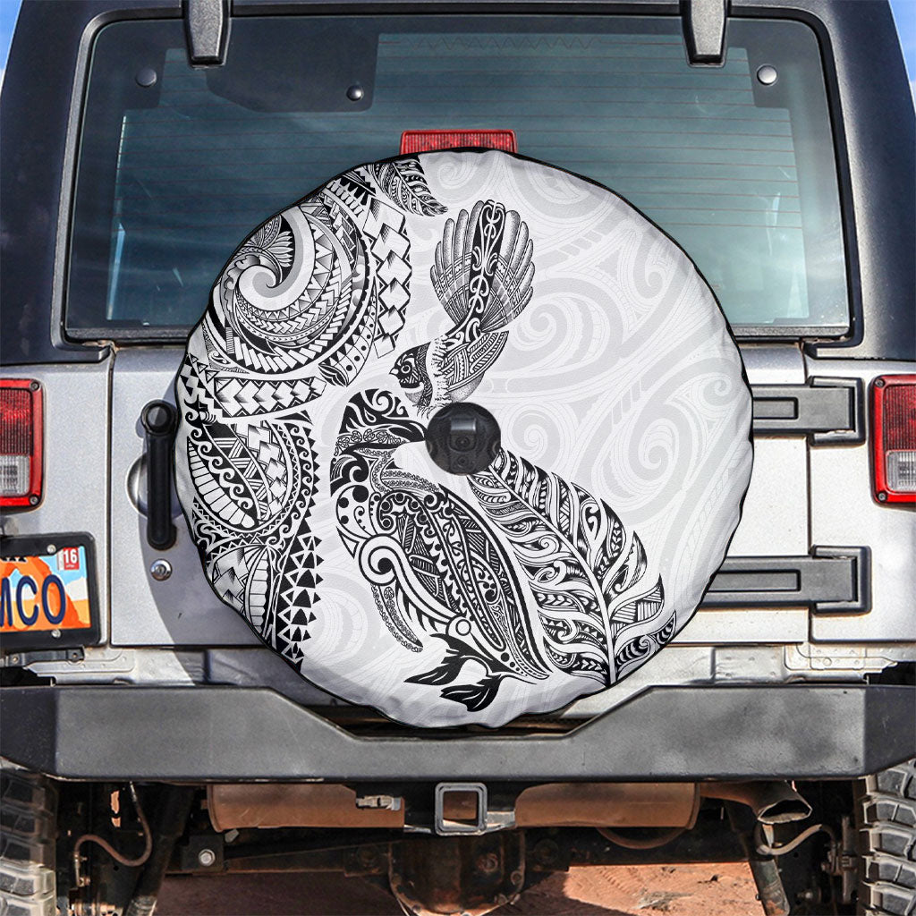 Aotearoa Moko Tribal Tattoo Spare Tire Cover New Zealand Maori Penguin and Fantail White Color