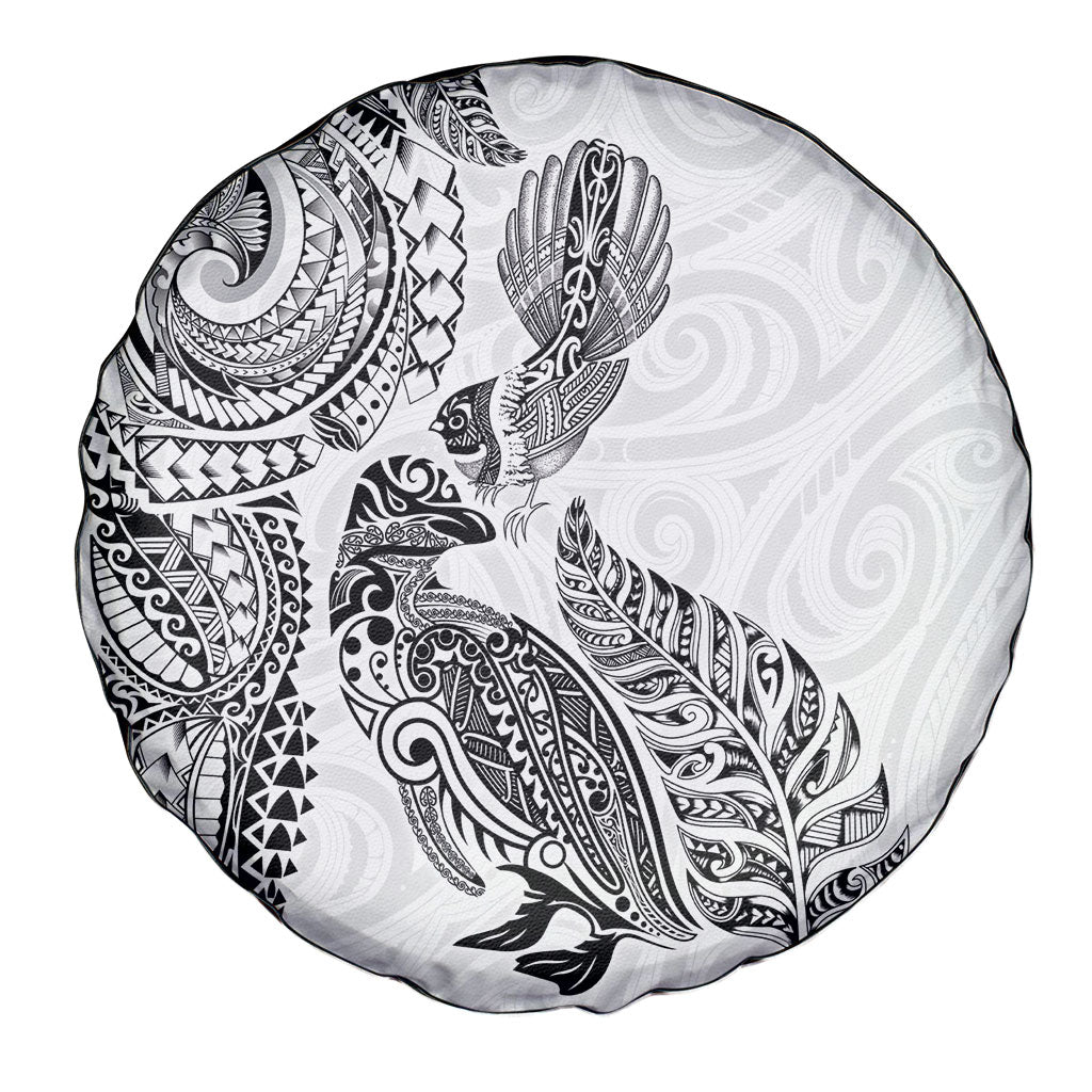 Aotearoa Moko Tribal Tattoo Spare Tire Cover New Zealand Maori Penguin and Fantail White Color