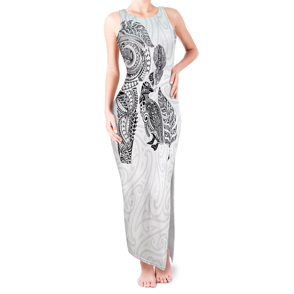 Aotearoa Moko Tribal Tattoo Tank Maxi Dress New Zealand Maori Penguin and Fantail White Color LT03 Women White - Polynesian Pride
