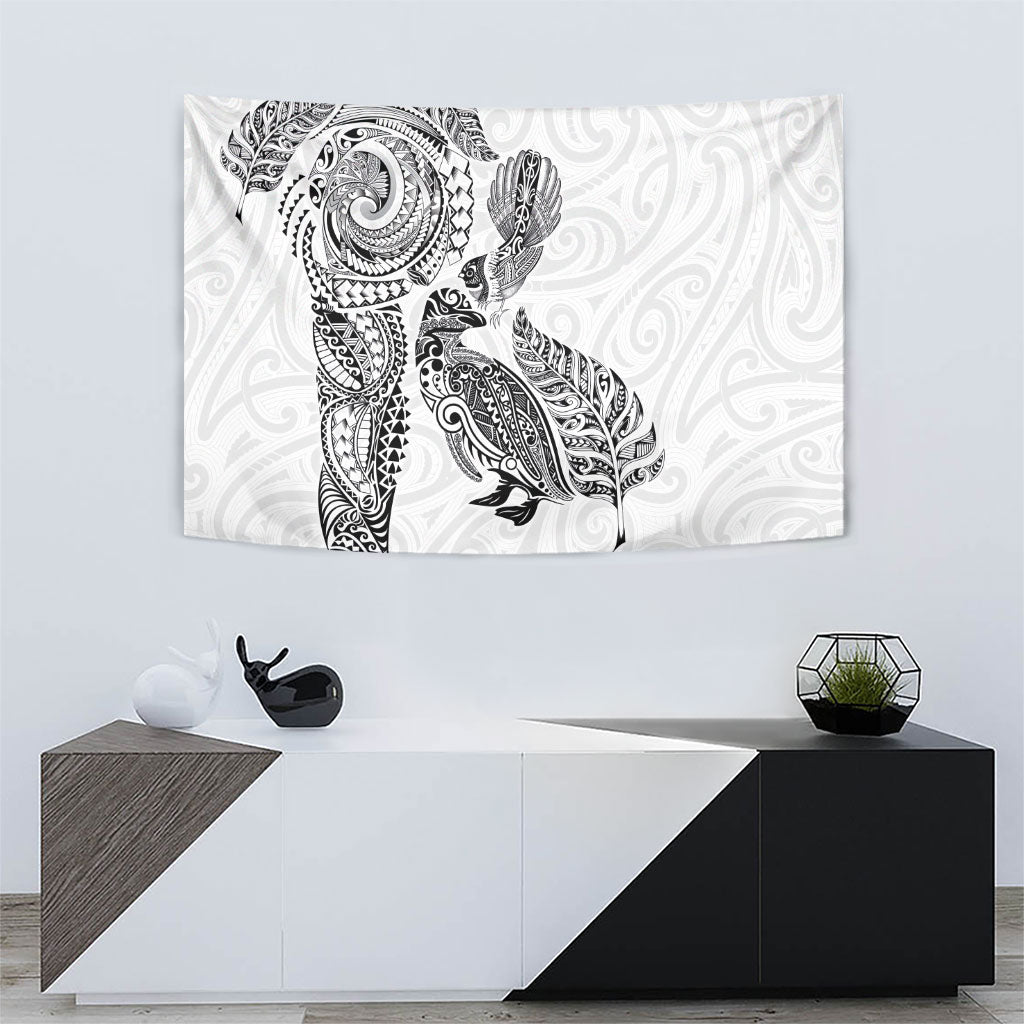 Aotearoa Moko Tribal Tattoo Tapestry New Zealand Maori Penguin and Fantail White Color