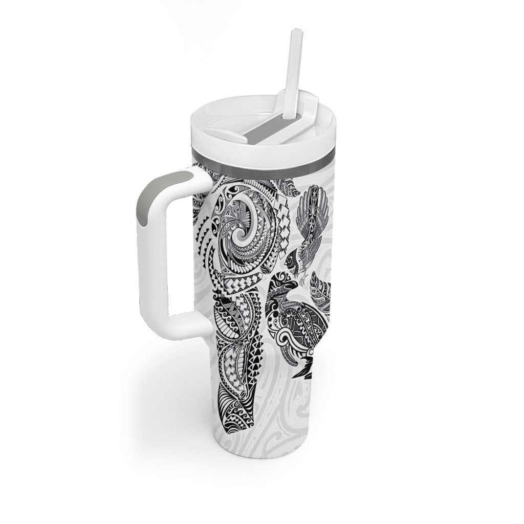 Aotearoa Moko Tribal Tattoo Tumbler With Handle New Zealand Maori Penguin and Fantail White Color