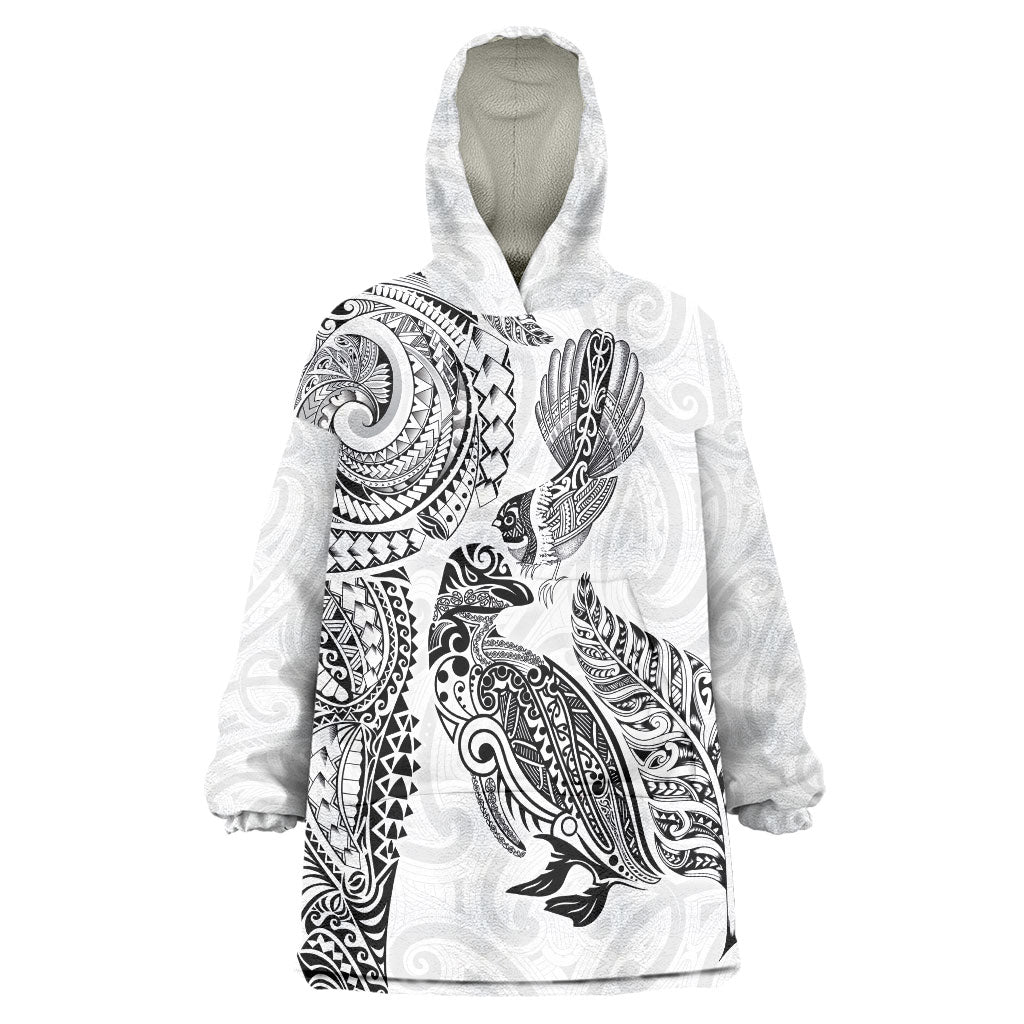 Aotearoa Moko Tribal Tattoo Wearable Blanket Hoodie New Zealand Maori Penguin and Fantail White Color