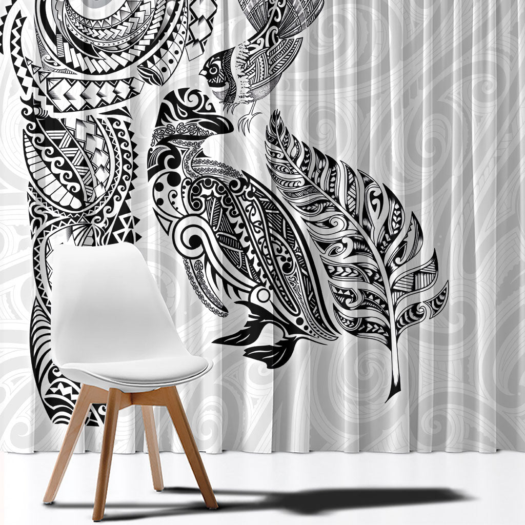 Aotearoa Moko Tribal Tattoo Window Curtain New Zealand Maori Penguin and Fantail White Color LT03 - Polynesian Pride