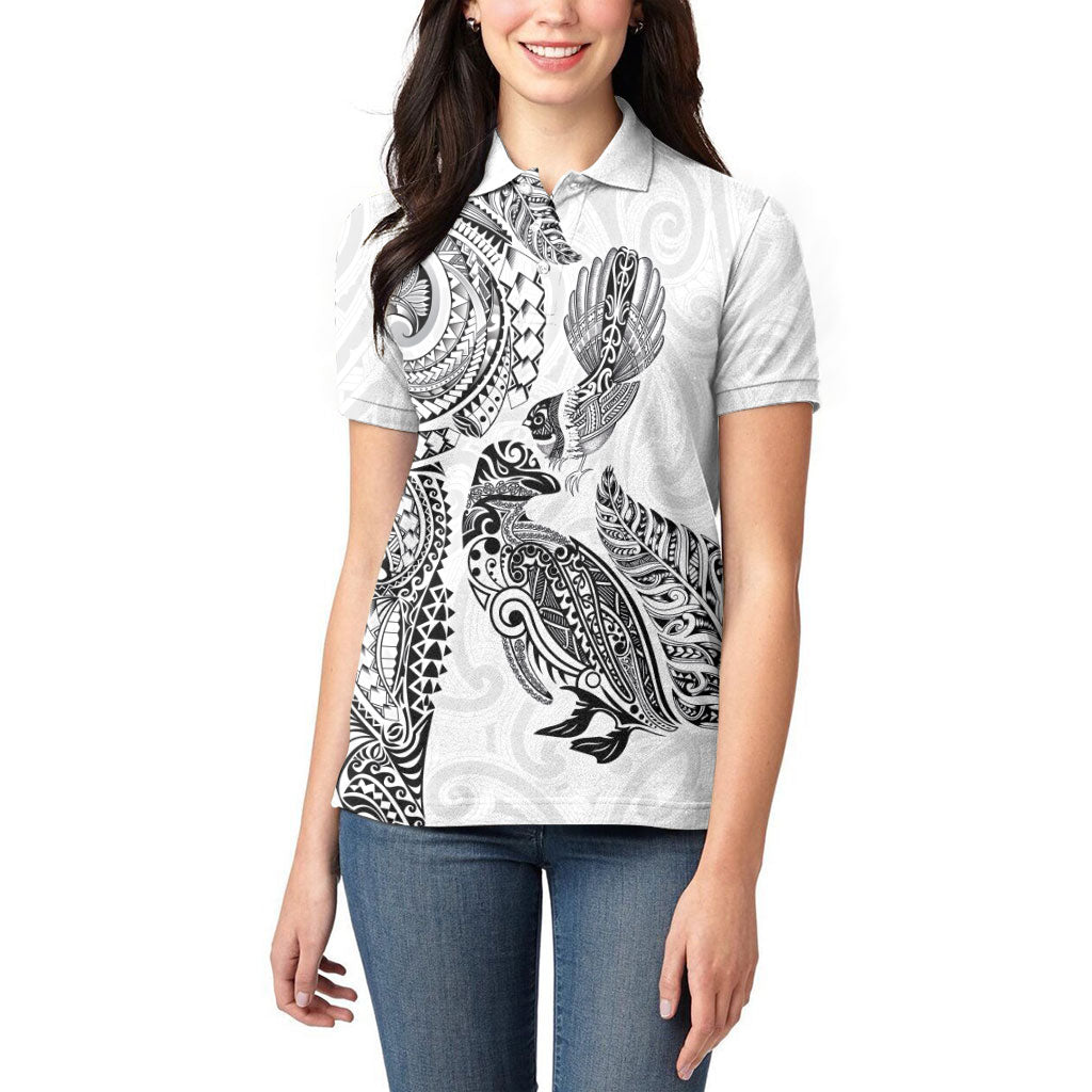 Aotearoa Moko Tribal Tattoo Women Polo Shirt New Zealand Maori Penguin and Fantail White Color