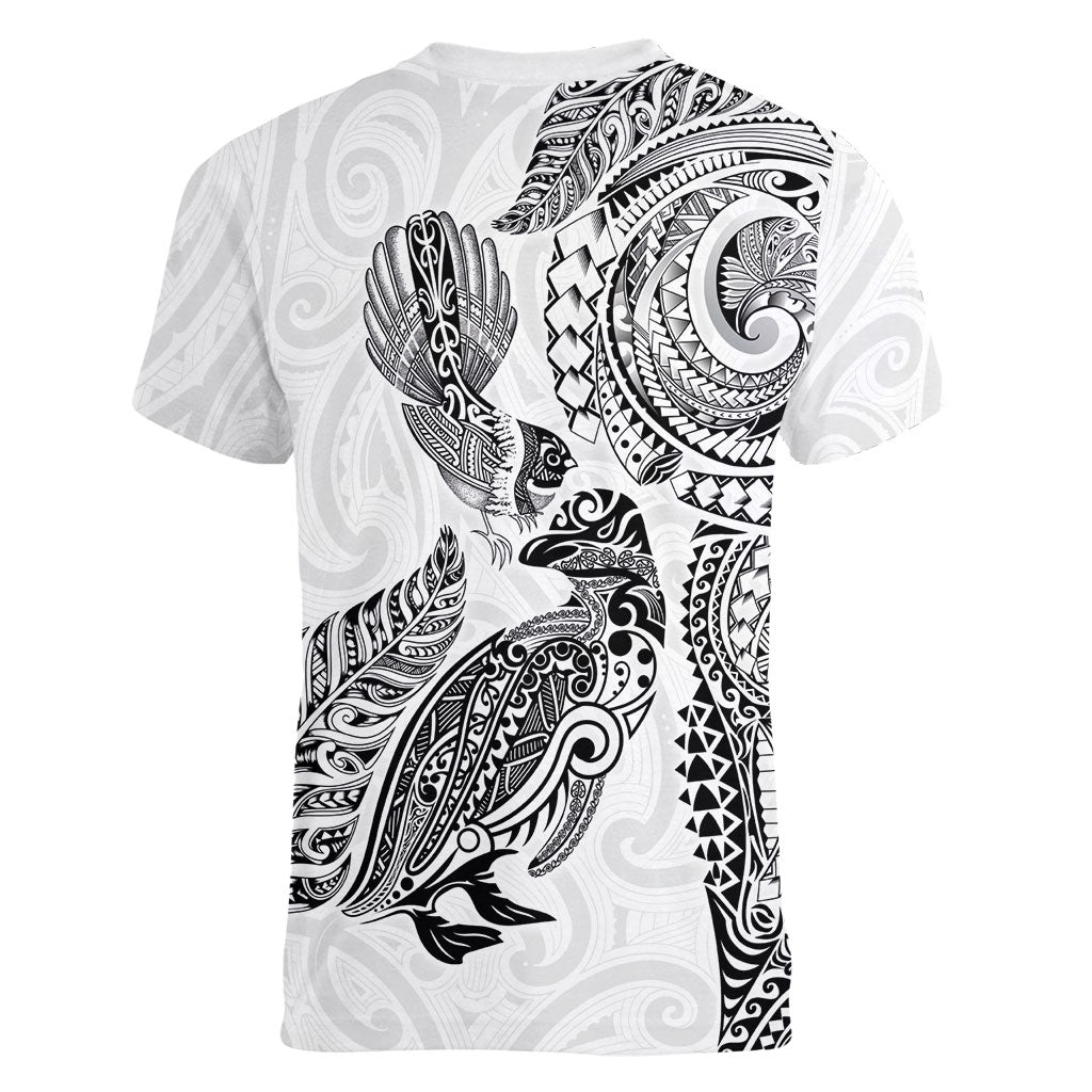 Aotearoa Moko Tribal Tattoo Women V-Neck T-Shirt New Zealand Maori Penguin and Fantail White Color