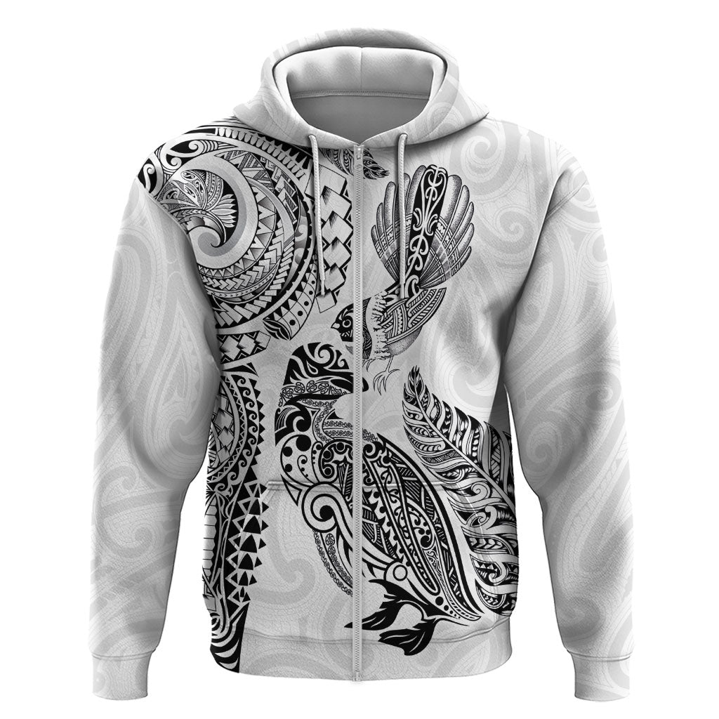 Aotearoa Moko Tribal Tattoo Zip Hoodie New Zealand Maori Penguin and Fantail White Color