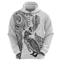 Aotearoa Moko Tribal Tattoo Zip Hoodie New Zealand Maori Penguin and Fantail White Color
