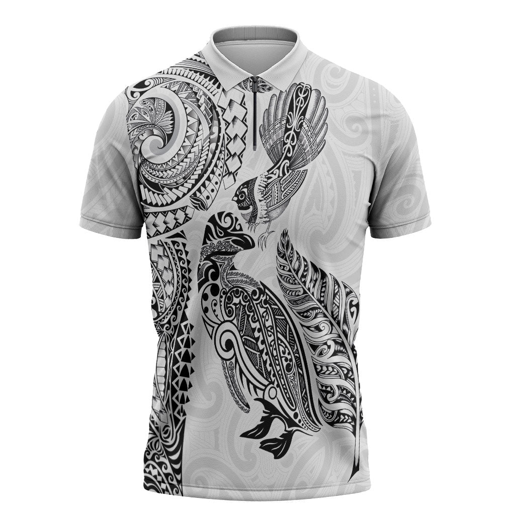 Aotearoa Moko Tribal Tattoo Zipper Polo Shirt New Zealand Maori Penguin and Fantail White Color LT03 White - Polynesian Pride