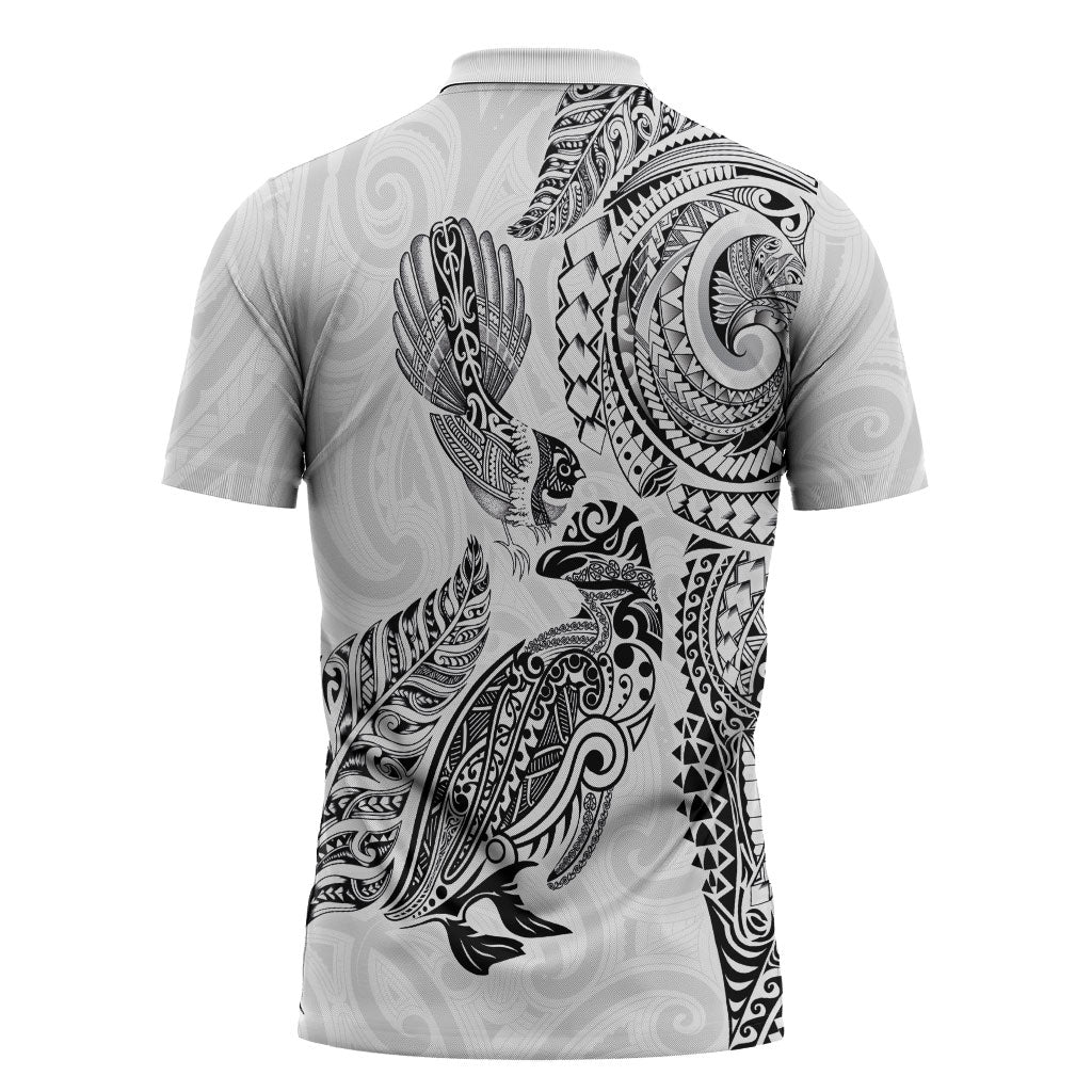 Aotearoa Moko Tribal Tattoo Zipper Polo Shirt New Zealand Maori Penguin and Fantail White Color