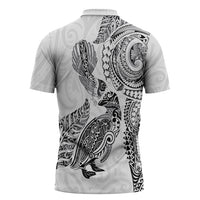 Aotearoa Moko Tribal Tattoo Zipper Polo Shirt New Zealand Maori Penguin and Fantail White Color