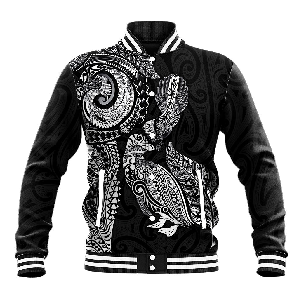 Aotearoa Moko Tribal Tattoo Baseball Jacket New Zealand Maori Penguin and Fantail Black Color LT03 Unisex Black - Polynesian Pride