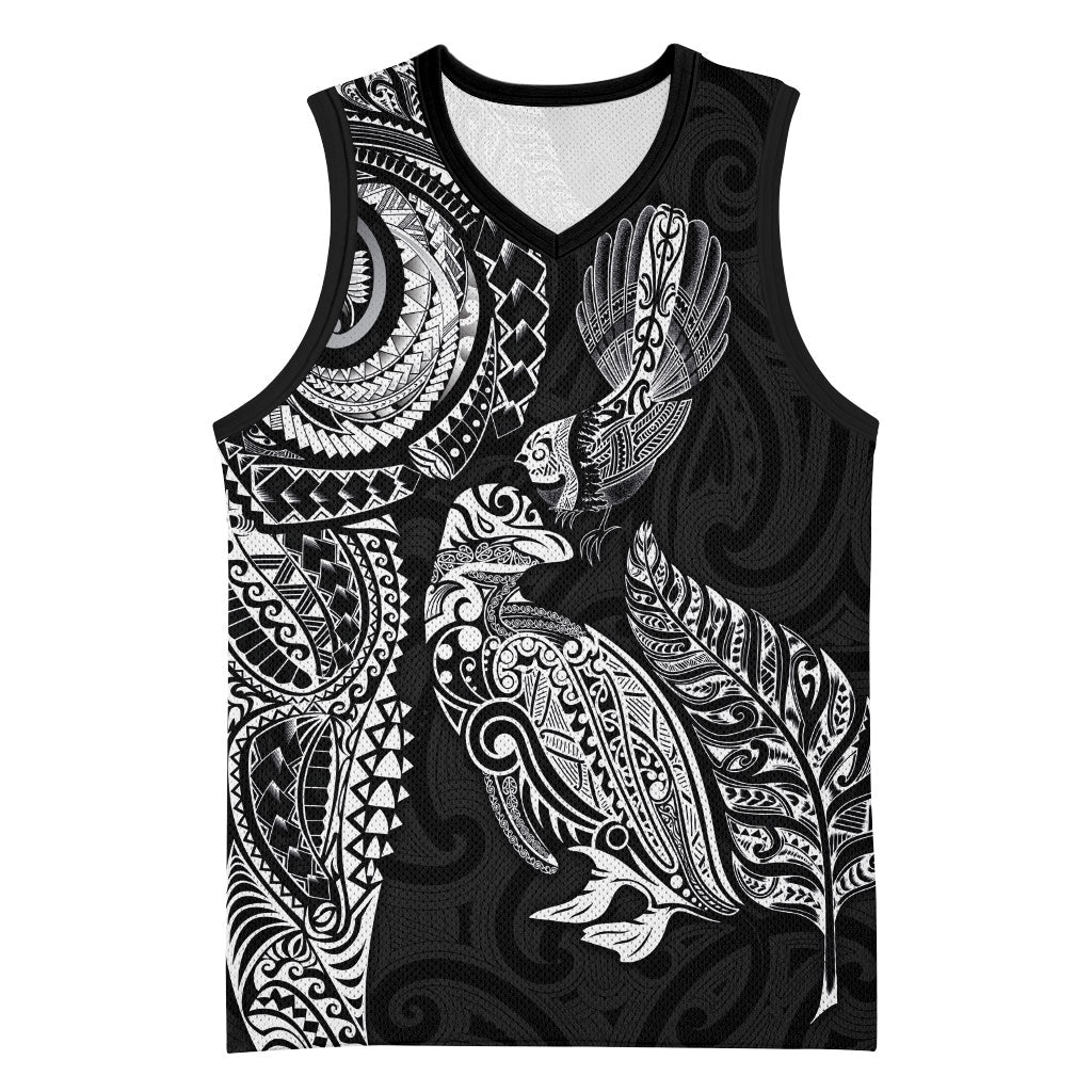 Aotearoa Moko Tribal Tattoo Basketball Jersey New Zealand Maori Penguin and Fantail Black Color