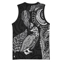 Aotearoa Moko Tribal Tattoo Basketball Jersey New Zealand Maori Penguin and Fantail Black Color