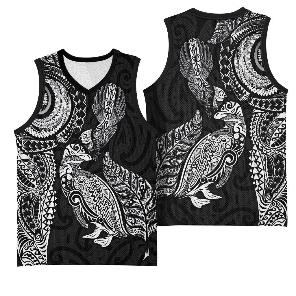 Aotearoa Moko Tribal Tattoo Basketball Jersey New Zealand Maori Penguin and Fantail Black Color