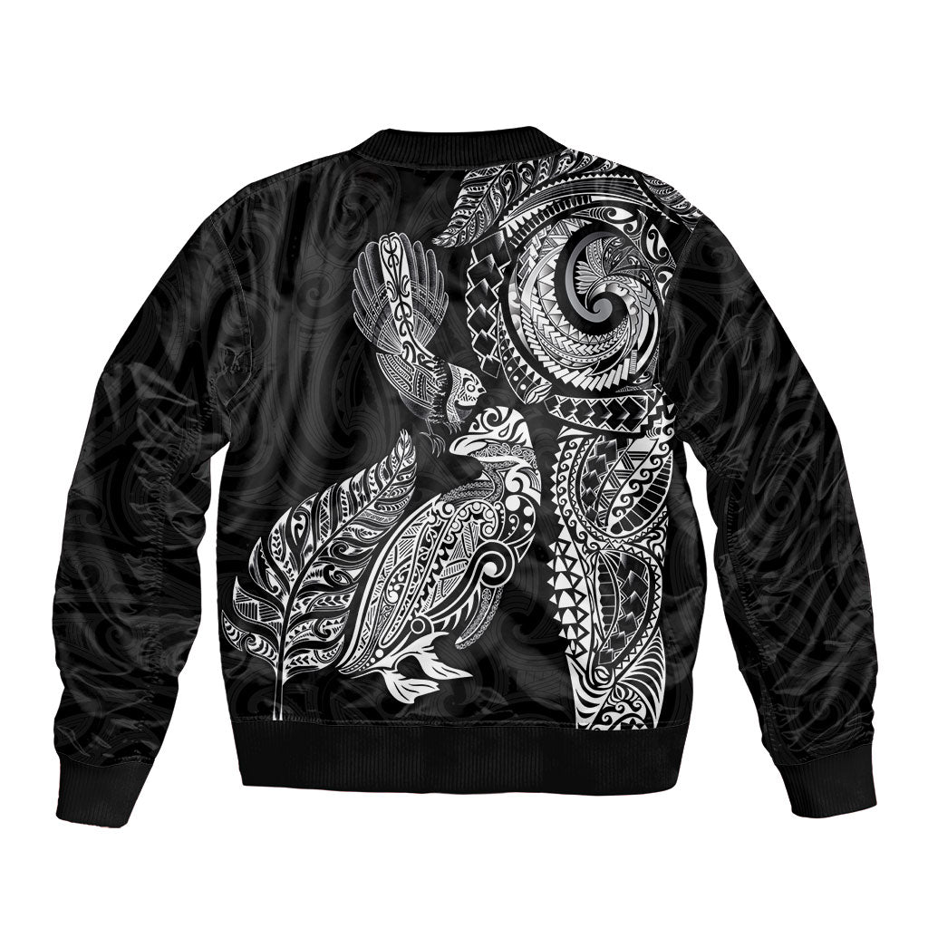 Aotearoa Moko Tribal Tattoo Bomber Jacket New Zealand Maori Penguin and Fantail Black Color