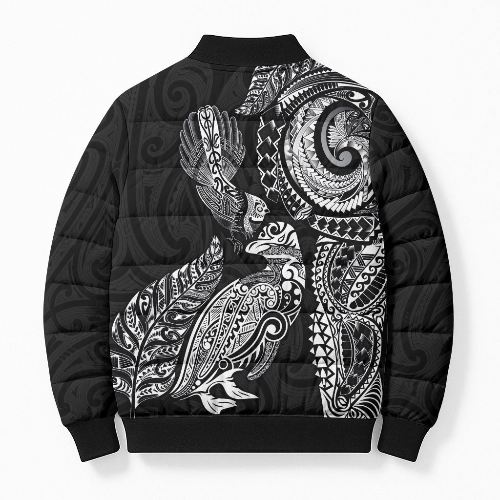 Aotearoa Moko Tribal Tattoo Bomber Puffer Jacket New Zealand Maori Penguin and Fantail Black Color