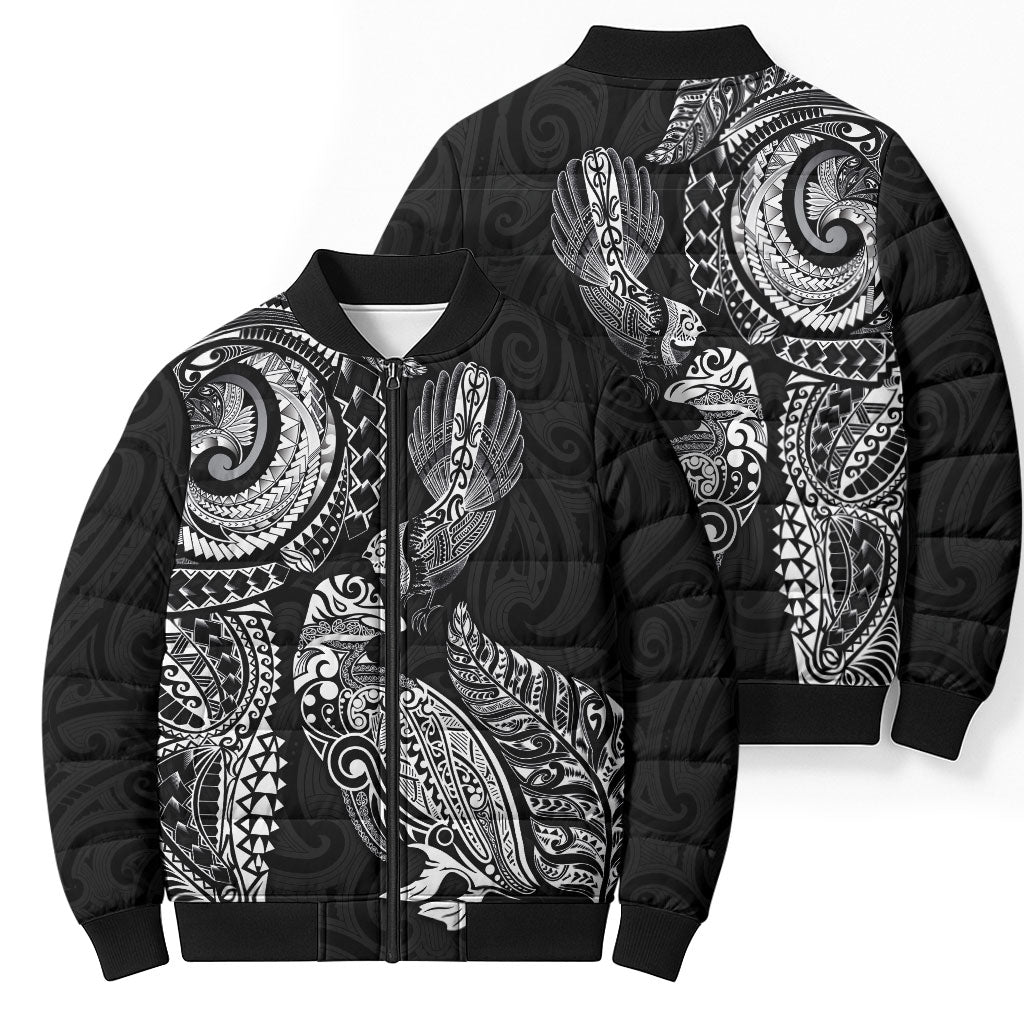 Aotearoa Moko Tribal Tattoo Bomber Puffer Jacket New Zealand Maori Penguin and Fantail Black Color