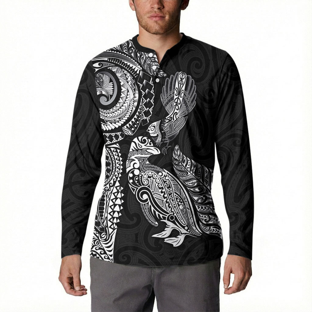 Aotearoa Moko Tribal Tattoo Button Sweatshirt New Zealand Maori Penguin and Fantail Black Color