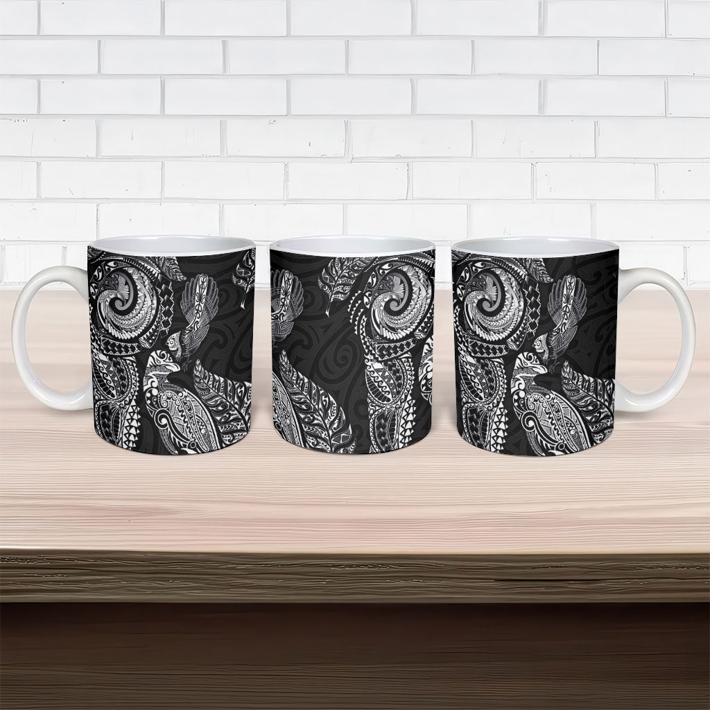 Aotearoa Moko Tribal Tattoo Ceramic Mug New Zealand Maori Penguin and Fantail Black Color