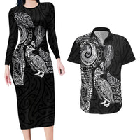 Aotearoa Moko Tribal Tattoo Couples Matching Long Sleeve Bodycon Dress and Hawaiian Shirt New Zealand Maori Penguin and Fantail Black Color