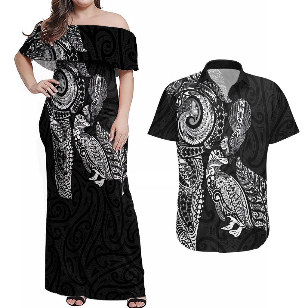 Aotearoa Moko Tribal Tattoo Couples Matching Off Shoulder Maxi Dress and Hawaiian Shirt New Zealand Maori Penguin and Fantail Black Color
